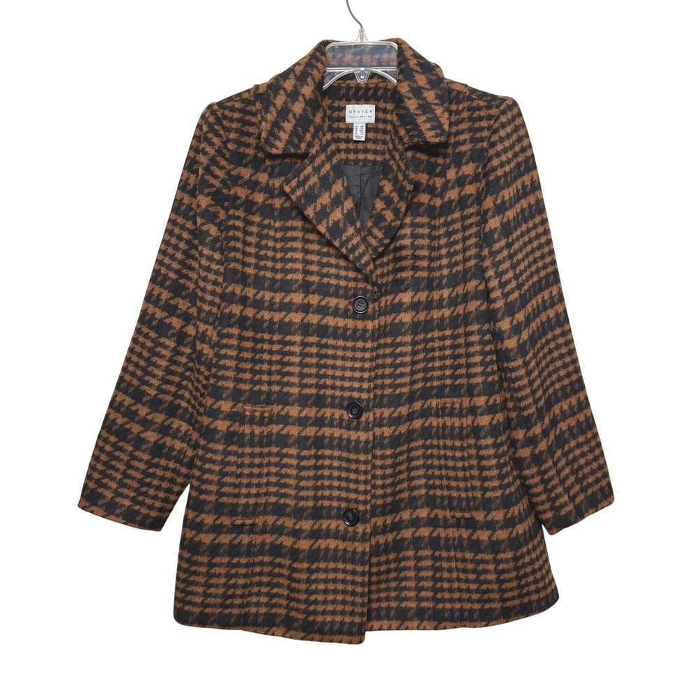 Susan Graver Graver Brown Houndstooth Plaid Button Front Coat Size MP